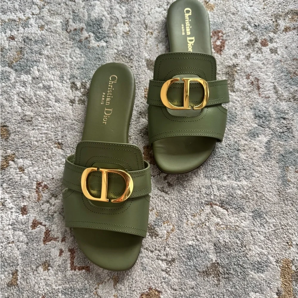Dior - Montaigne Olive Green Slide Sandals with Gold Buckle - Picture 2 of 6